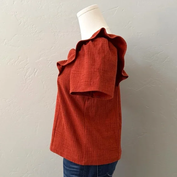 Madewell Ruffle Sleeve Top Rust Orange Square Neck Textured S - Picture 3 of 12